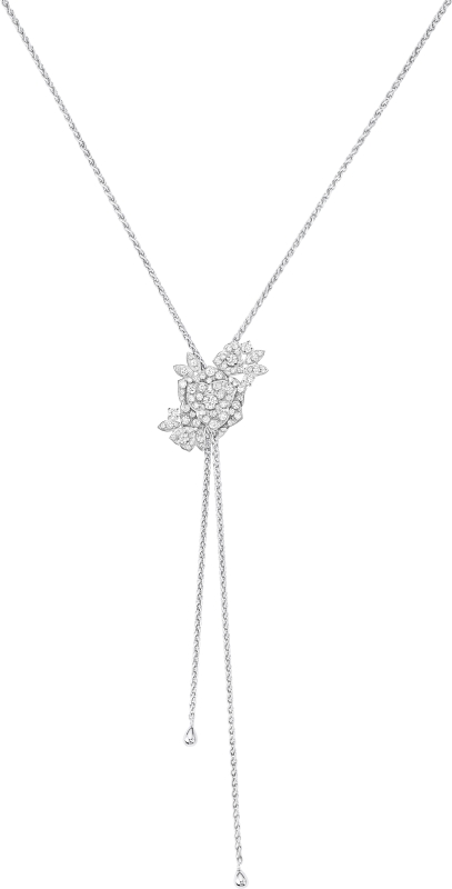 Piaget Rose系列18K白金鑽石流蘇長項鍊，建議售價約NT675000 G33U0974