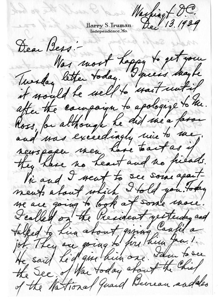 17 Letter from Harry S. Truman to his wife from 1939 Credit Harry S. Truman Library