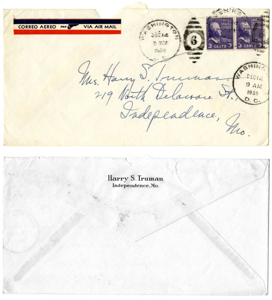 19 Envelope of Letter from Harry S. Truman to his wife from 1939 Credit Harry S. Truman Library