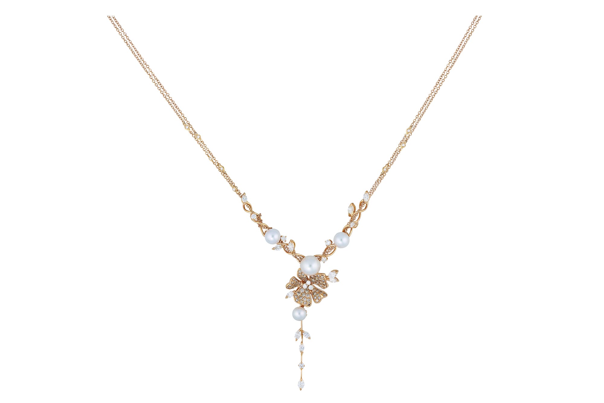 DAMIANI Masterpiece Fiori d Arancio大師傑作橙花系列18K玫瑰金珍珠鑽石項鍊，建議售價NT 540000