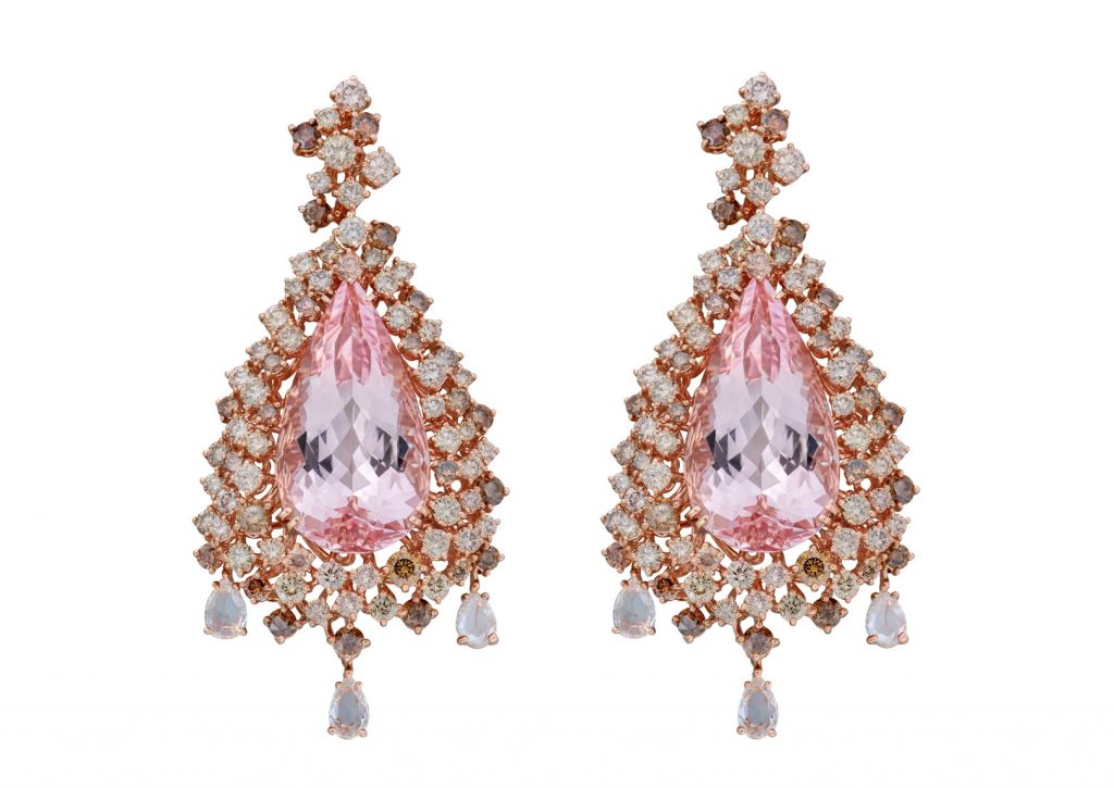 DAMIANI Masterpiece Mimosa大師傑作含羞草系列18K玫瑰金摩根石與鑽石耳環，建議售價NT 3240000