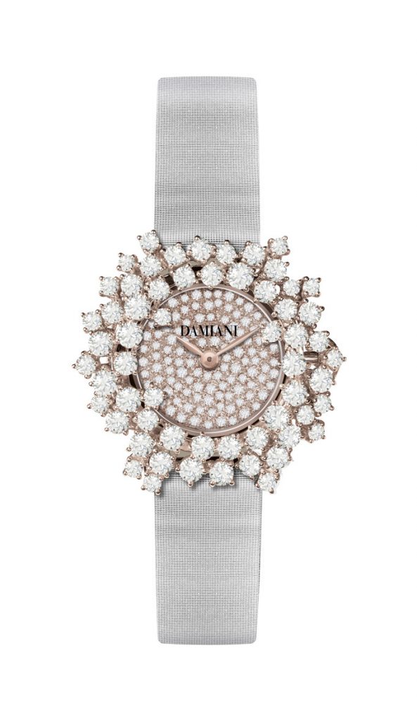 DAMIANI Mimosa含羞草系列18K玫瑰金鑽錶，密鑲鑽石錶盤與白色緞面錶帶，建議售價NT 123000