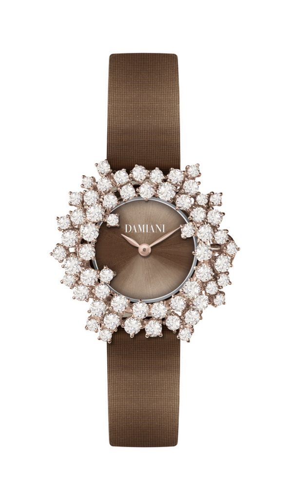 DAMIANI Mimosa含羞草系列18K玫瑰金鑽錶，巧克力色太陽紋錶盤與巧克力色緞面錶帶，建議售價NT 850000