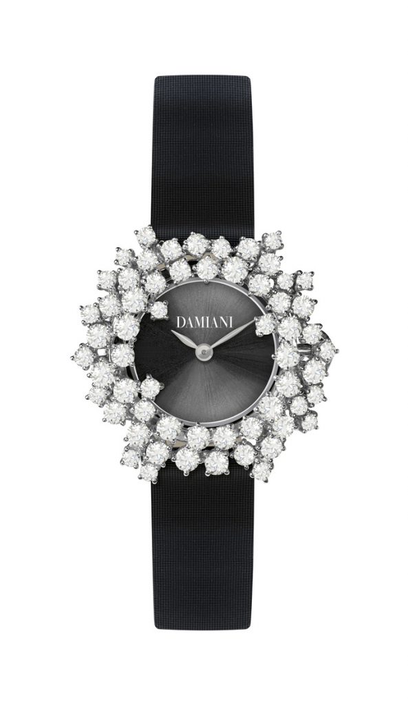 DAMIANI Mimosa含羞草系列18K白金鑽錶，黑色太陽紋錶盤與黑色緞面錶帶，建議售價NT 850000