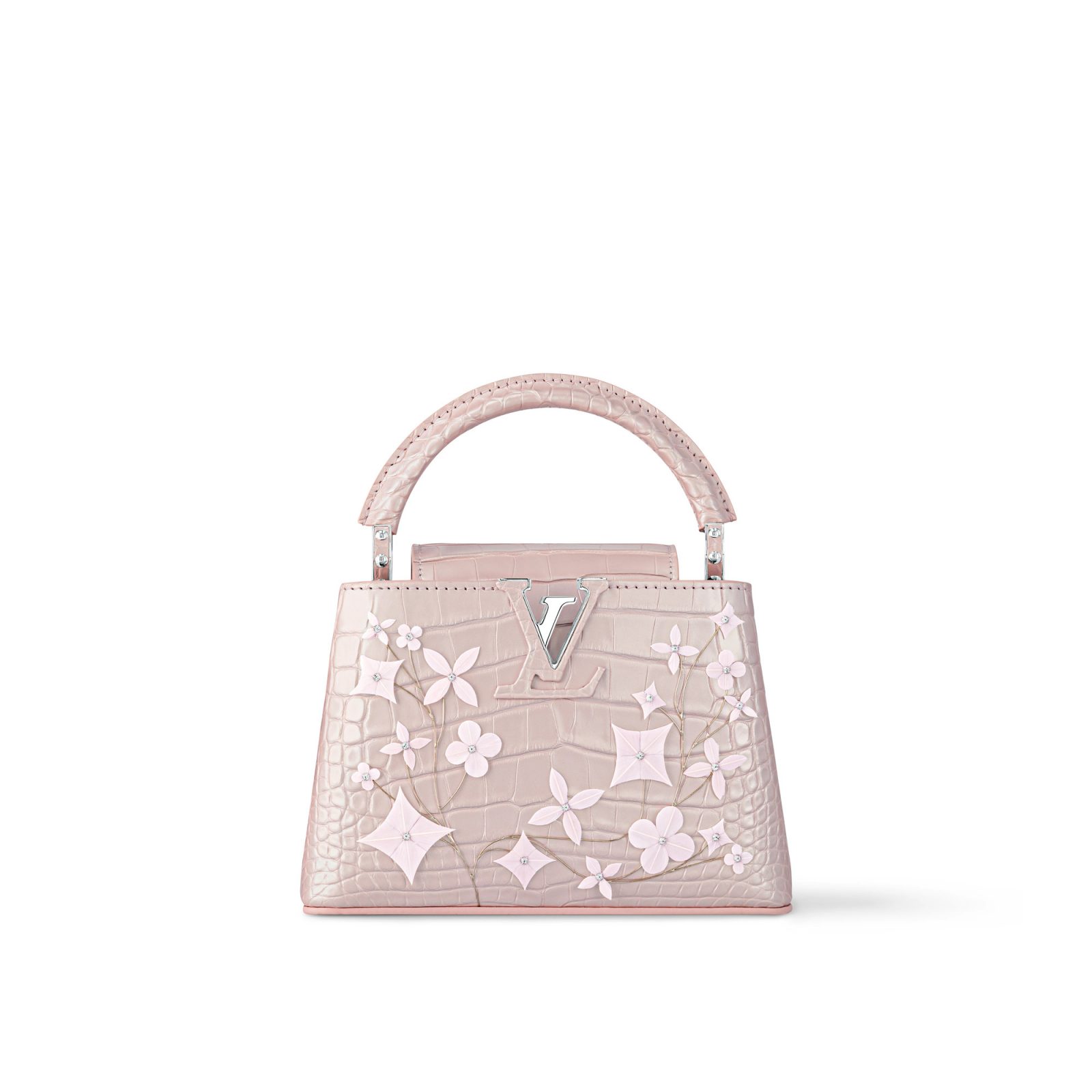 【新品】Capucines Mini 玫瑰珍珠母貝Rose Nacre LV bouquet鱷魚皮鑲嵌水晶羽毛包款 1100000 N87058