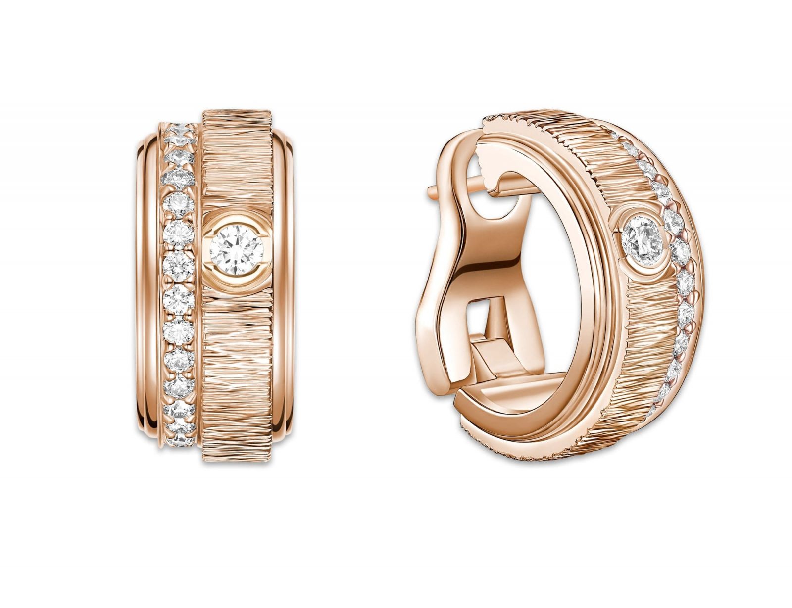 PIAGET Possession系列18K玫瑰金宮廷式雕刻飾紋鑽石耳環，建議售價約NT322000 G38PW900