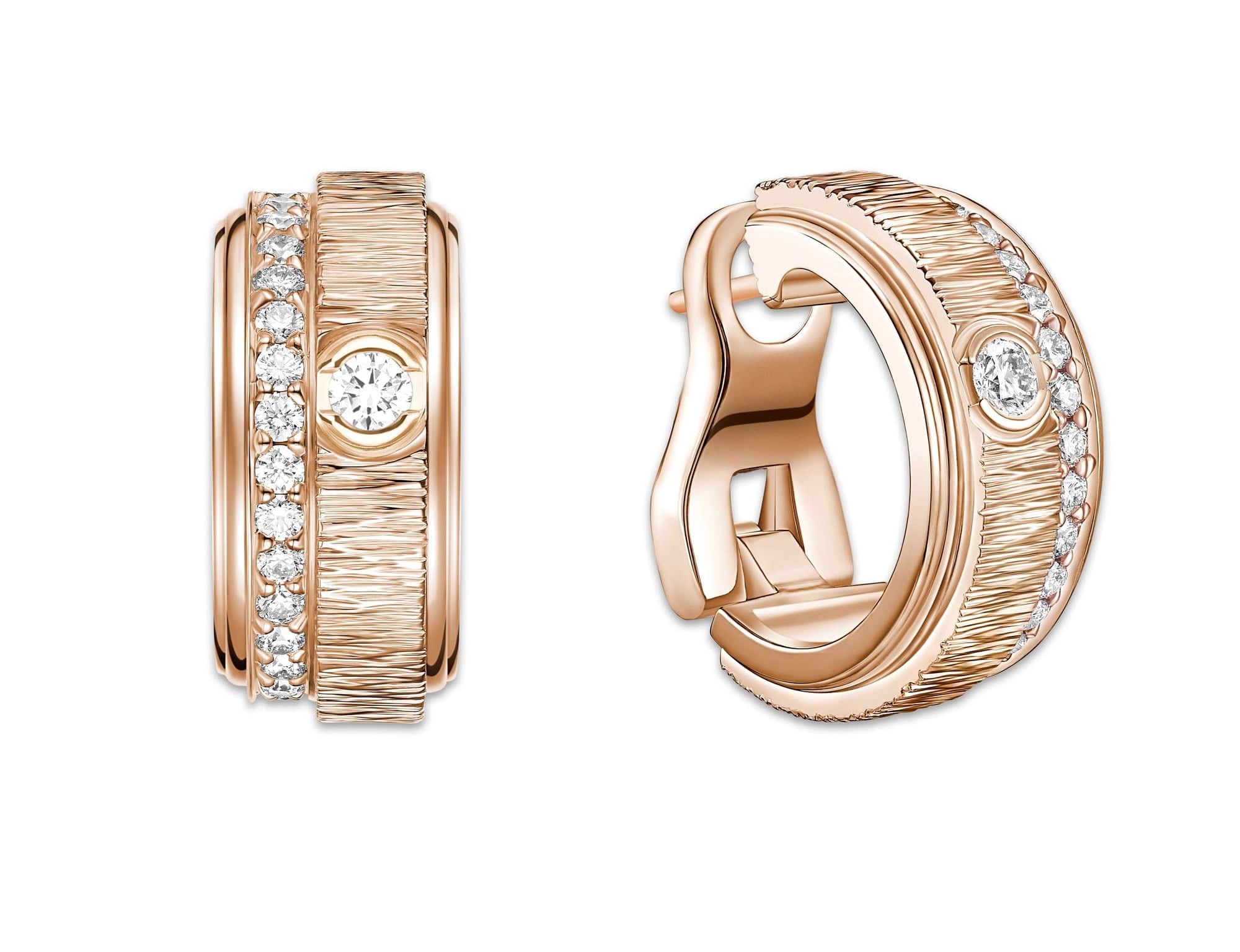 PIAGET Possession系列18K玫瑰金宮廷式雕刻飾紋鑽石耳環，建議售價約NT322000 G38PW900