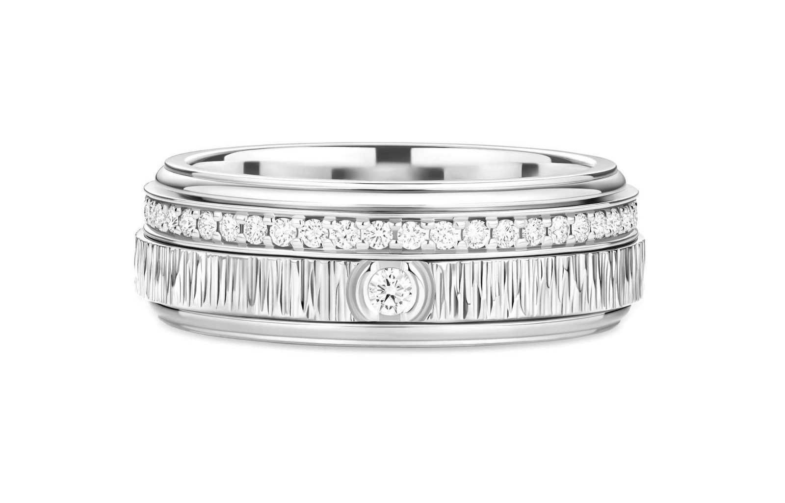 PIAGET Possession系列18K白金宮廷式雕刻飾紋鑽石戒指，建議售價約NT273000 G34P9I00 正面圖